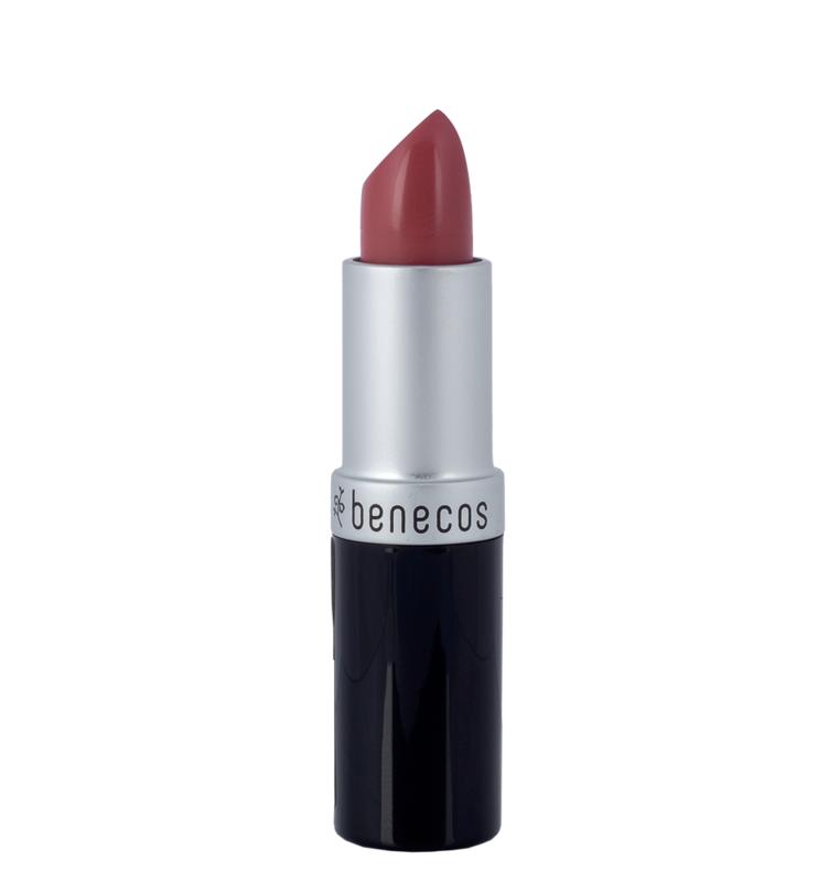 Benecos Natural Beauty pink honey lipstick in a sleek make-up tube, showcasing its vibrant natural color and elegant packaging.