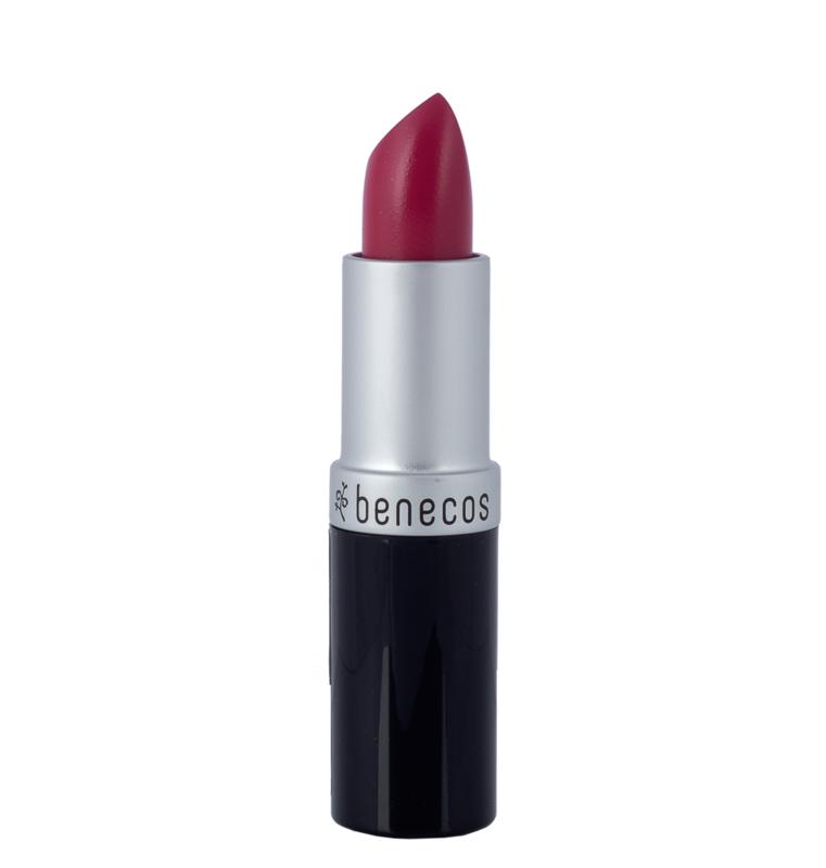 Benecos Natural Beauty pink rose lipstick in a makeup product image, showcasing the natural lipstick's color and packaging.