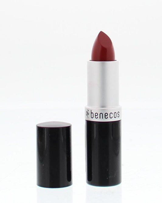 Benecos Natural Beauty Just Red lipstick in a sleek tube, showcasing vibrant red color and smooth makeup finish.
