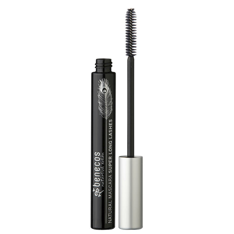 Benecos Natural Beauty mascara with super long lashes, 8ml tube, showcasing the black mascara wand and packaging.