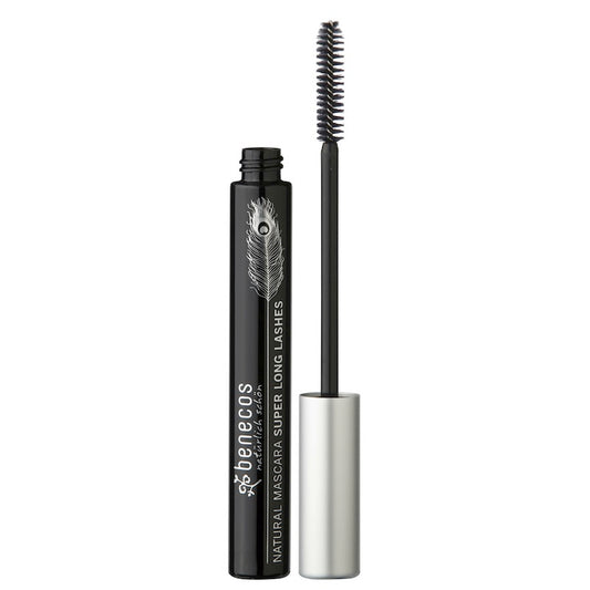 Benecos Natural Beauty mascara with super long lashes, 8ml tube, showcasing the black mascara wand and packaging.