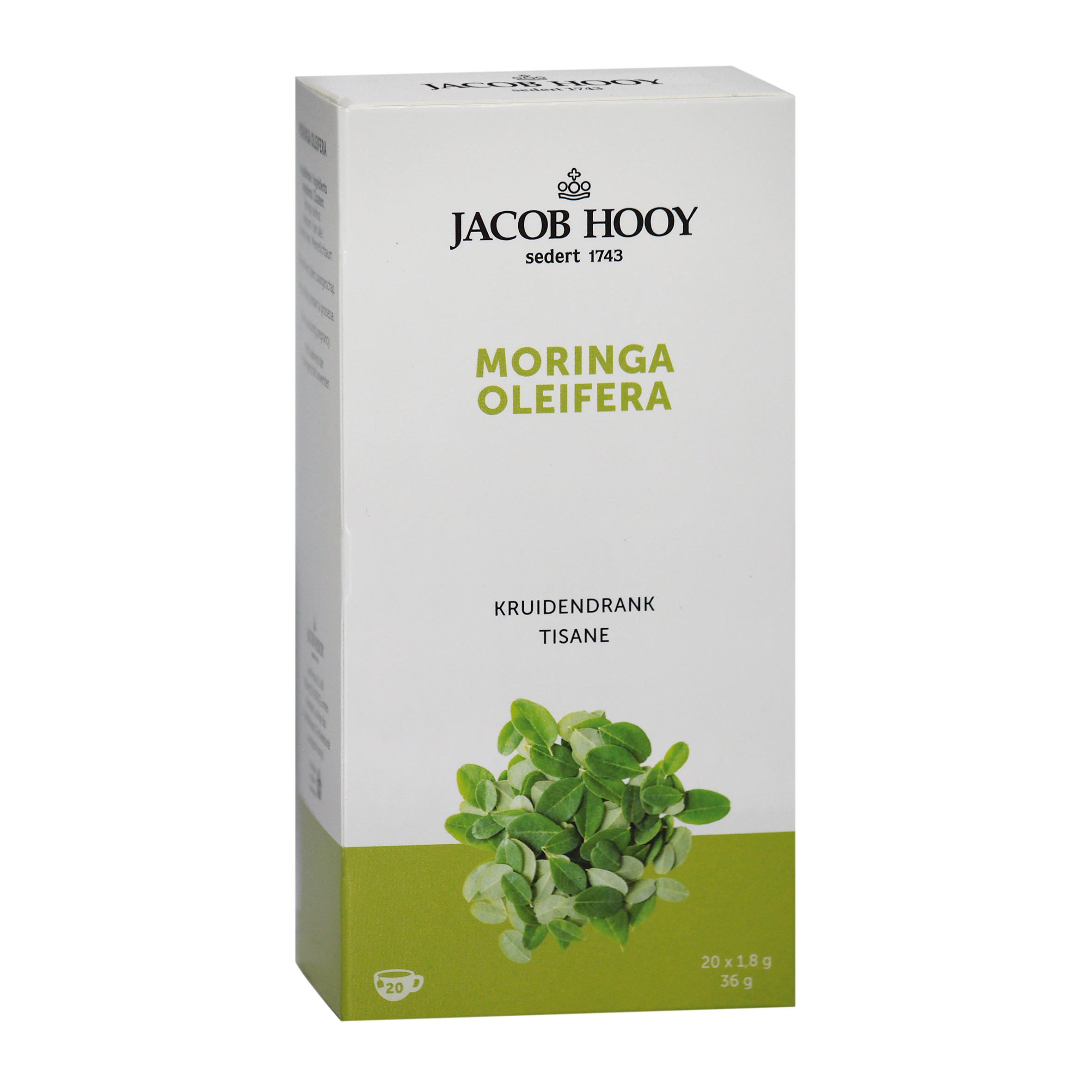 Jacob Hooy Moringa oleifera tea in a box, herbal tea product from the Jacob Hooy Koffie en Thee line, with 20 tea bags.