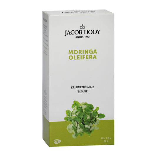 Jacob Hooy Moringa oleifera tea in a box, herbal tea product from the Jacob Hooy Koffie en Thee line, with 20 tea bags.