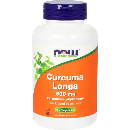 NOW Curcuma longa 500mg vegetarian capsules, turmeric supplement with curcumin phytosome, in a clear bottle.