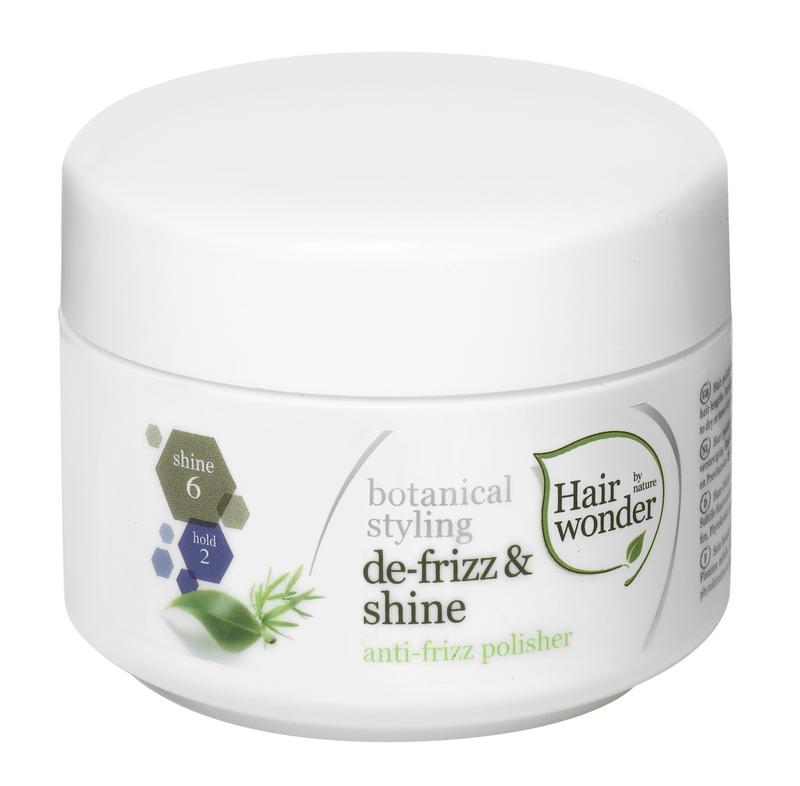 Hairwonder Botanical Styling de Frizz & Shine bottle, 100ml, showcasing sleek design and product label for hair styling and shine.