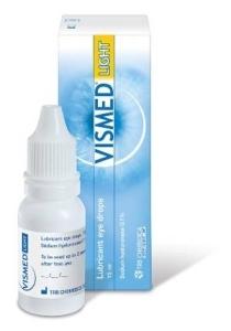 Vismed Oogverzorging oogdruppels light 0.1% bottle, 15ml, with eye dropper cap and clear liquid inside.