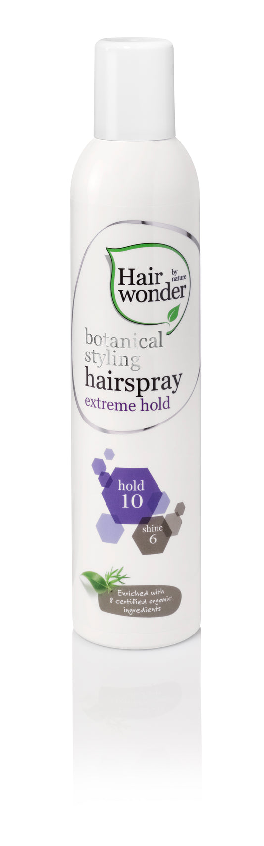 Hairwonder Botanical Styling Hairspray with extra hold, 300ml, featuring a spray nozzle and botanical ingredients for strong, lasting hold.