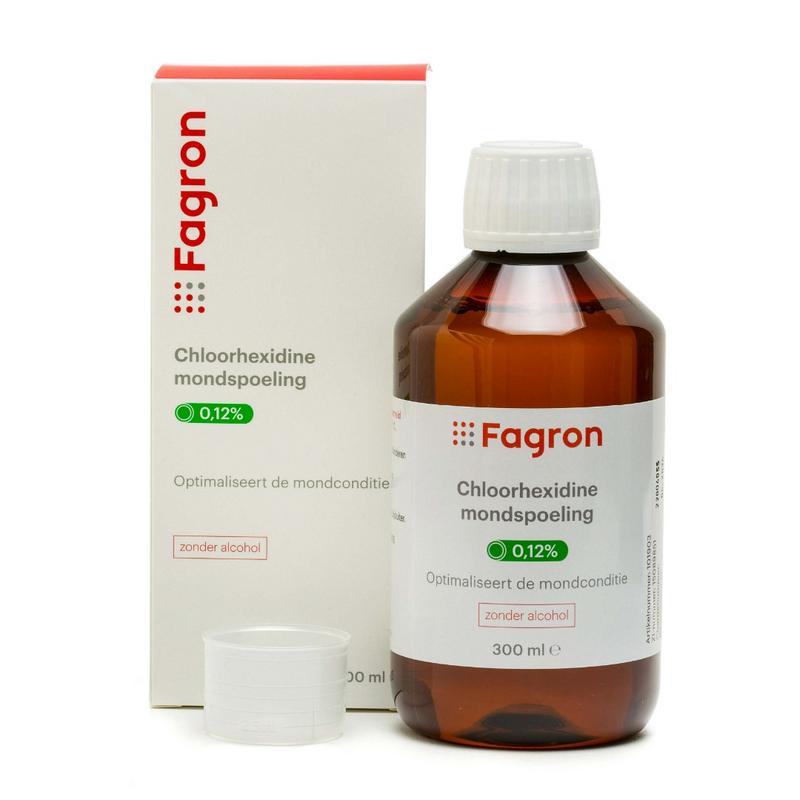 Fagron chlorhexidine mouthwash 0.12% in a 300ml bottle, antiseptic oral rinse for dental hygiene and mouth health.