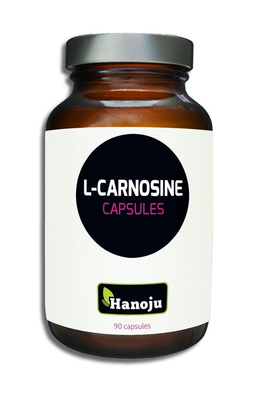 Hanoju L-Carnosine 400mg vegetarian capsules, dietary supplement with amino acids, shown in the image.