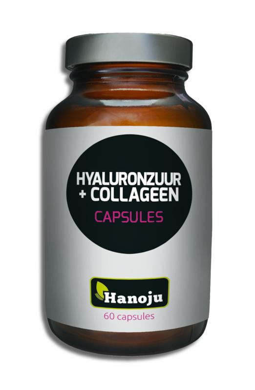 Vegetarian capsules of Hanoju Hyaluronzuur & Collagen dietary supplement in a clear container, showing the capsules inside.