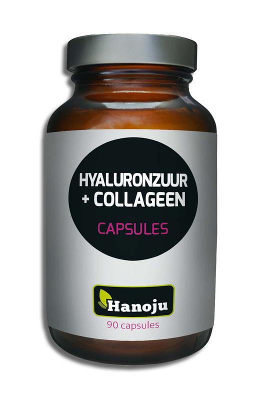 Hanoju Hyaluronzuur & collageen capsules in a bottle, herbal supplement for skin and joint health, 90 capsules.
