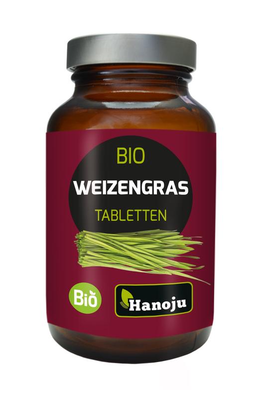 Hanoju Tarwegras pet flacon bio herbal supplement with 180 tablets, featuring green wheatgrass tablets in a clear bottle.