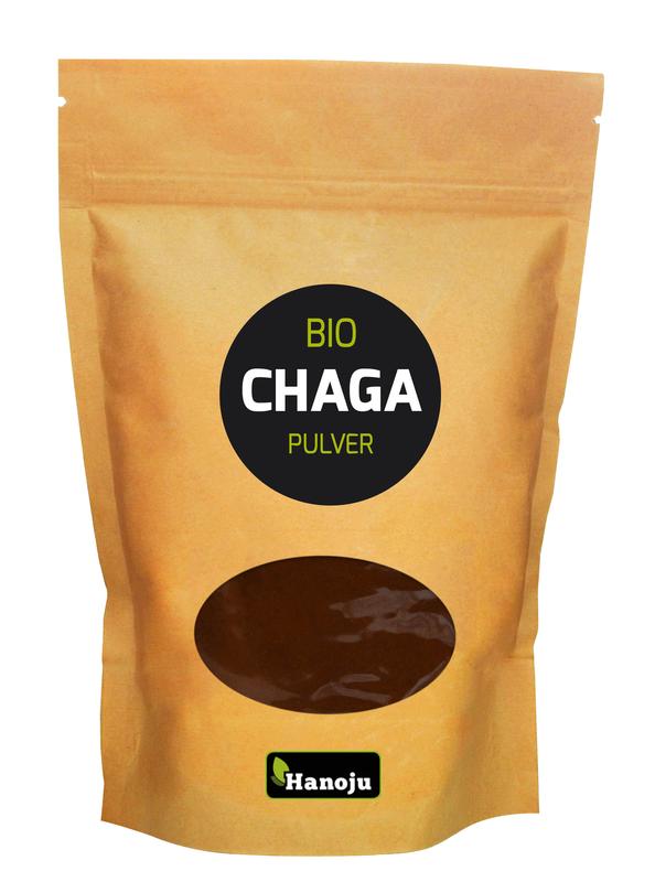 Hanoju Bio Chaga powder in a 100g package, natural herbal supplement from Kruidenpreparaten line, close-up of the product packaging.