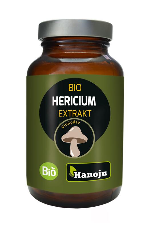 Hanoju Hericium bio extract in vegetarian capsules, herbal supplement, showing the capsules and herbal packaging.