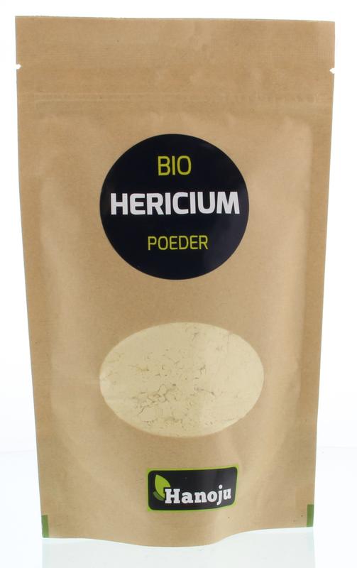 Hanoju Hericium extract bio in 100g package, herbal supplement from kruidenpreparaten collection, with fresh herbal packaging.