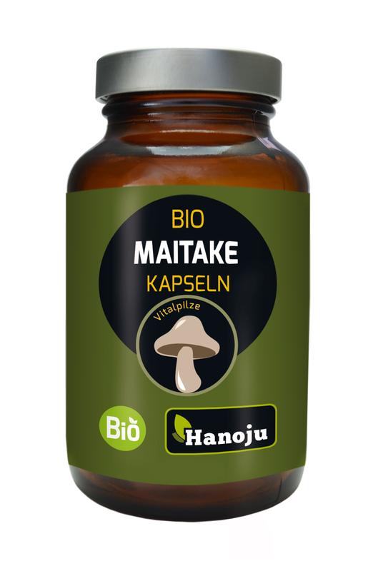 Hanoju Maitake extract bio vegetarian capsules in a jar, herbal supplement packaging, natural mushroom extract product.