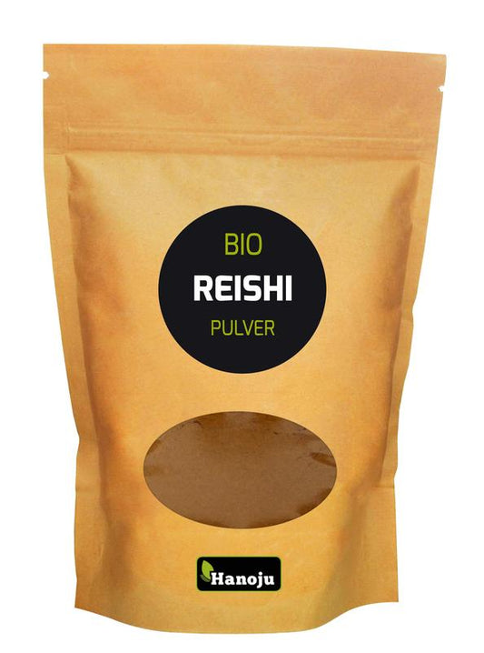 Hanoju Reishi extract bio in 100g package, herbal supplement from Kruidenpreparaten line, with product label visible.