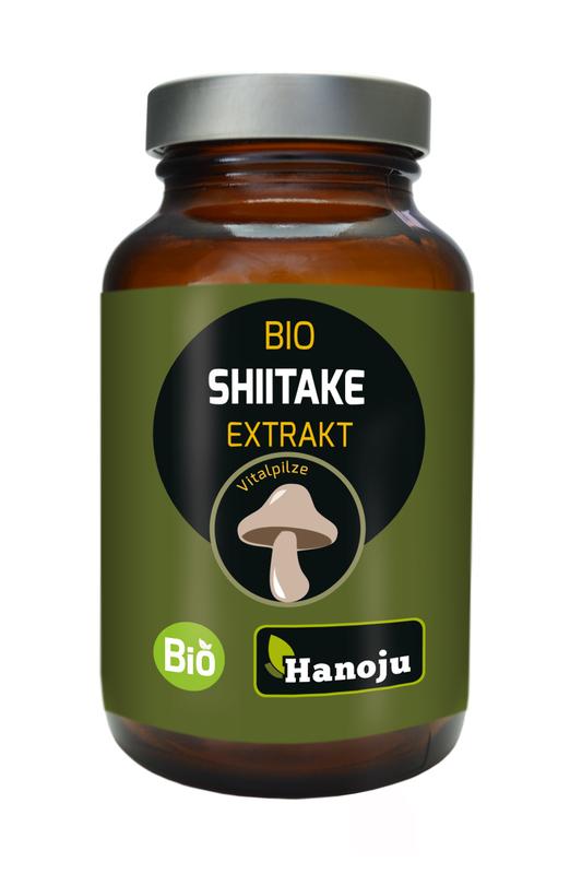 Hanoju Shiitake extract bio vegetarian capsules in a bottle, herbal supplement for immune support and wellness.