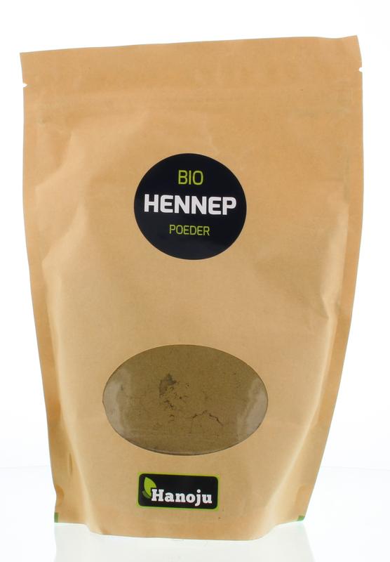 Hanoju organic hemp seed powder in a paper bag, 500 grams, herbal supplement for healthy nutrition and plant-based diets.