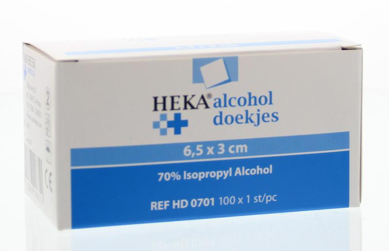 Heka alcohol disinfectant wipes, 6.5 x 3 cm, pack of 100, soft and convenient for hand and surface cleaning.