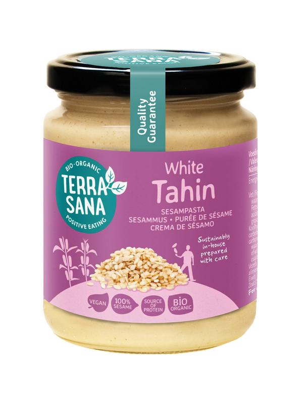Glass jar of TerraSana Tahin sesampasta, organic sesame seed spread, ideal as a broodbeleg or healthy snack.
