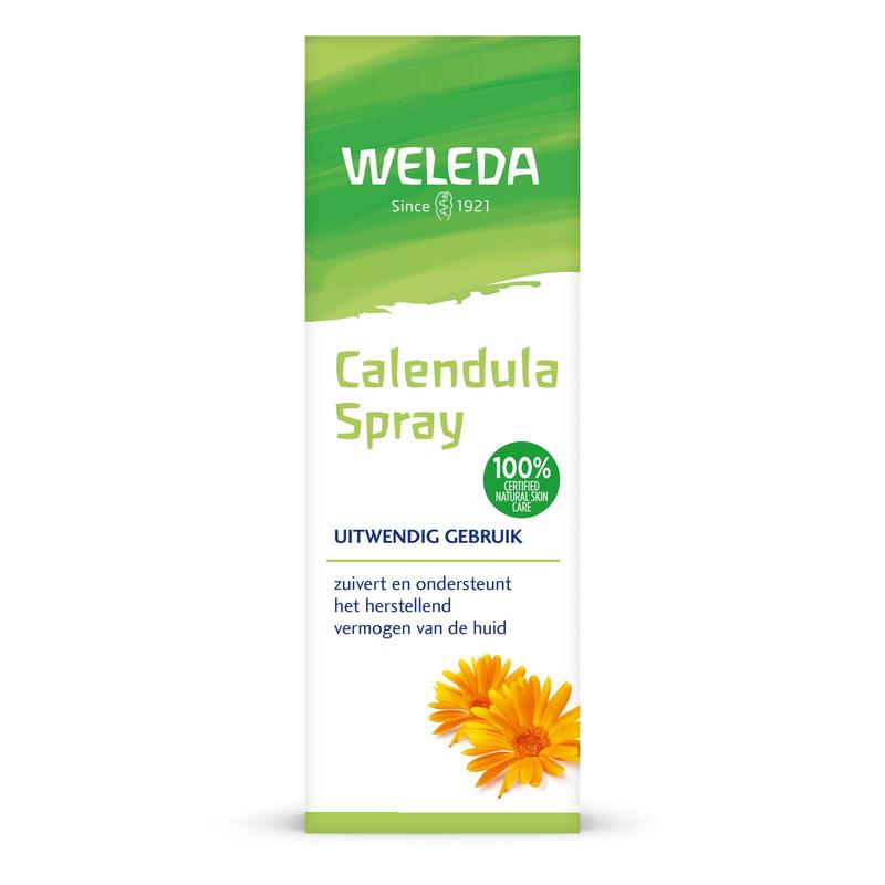 Weleda Calendula spray for body care, 30ml, in a clear bottle with a white spray nozzle and label, suitable for gentle skin soothing.