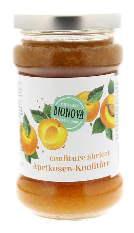 Bionova bio apricot jam spread on bread, 340g jar, natural fruit preserve with apricot pieces, for breakfast or snacks.