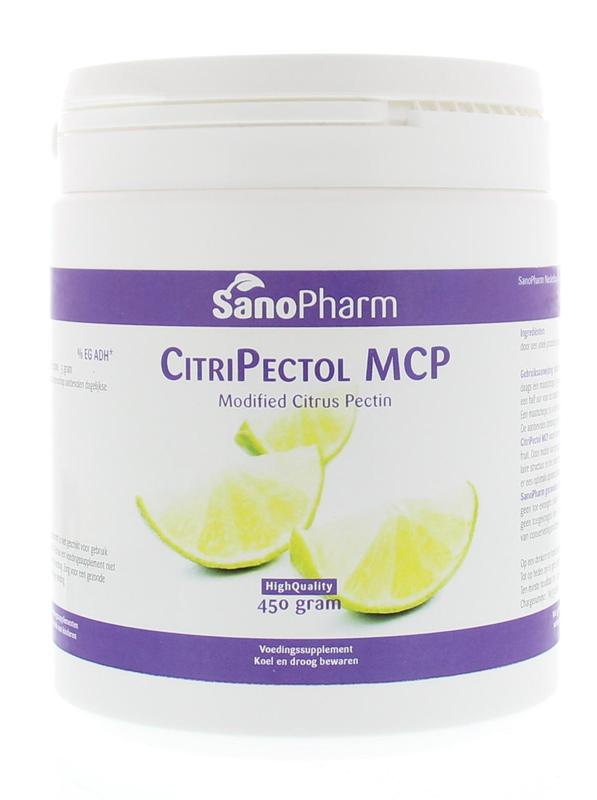 SanoPharm Citripectol MCP herbal supplement in a 450g container, featuring dried herbal ingredients for natural health support