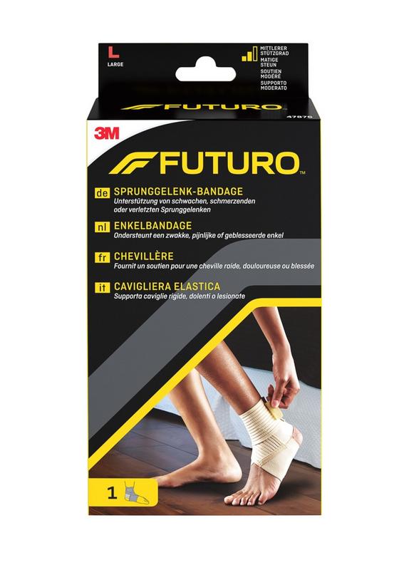 Futuro Enkelbandage maat L, elastic support bandage for ankle stabilization, in white with adjustable straps.