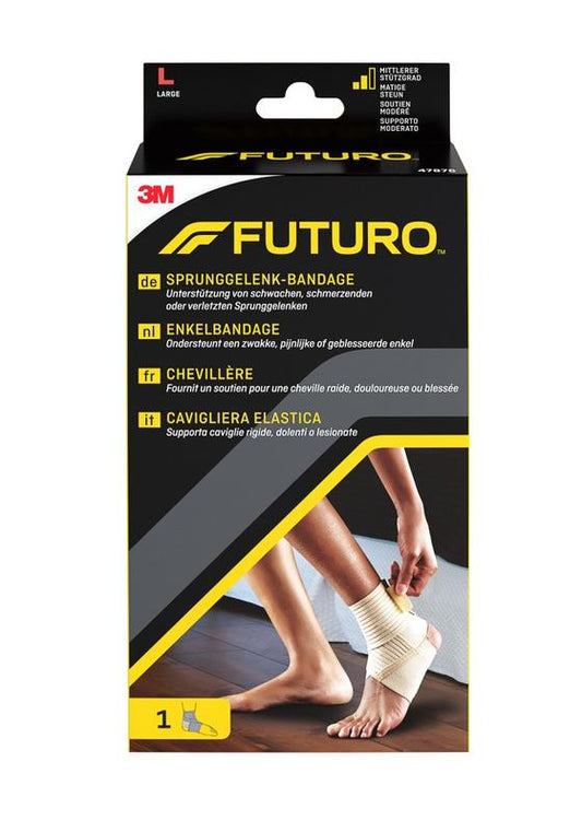 Futuro Enkelbandage maat L, elastic support bandage for ankle stabilization, in white with adjustable straps.