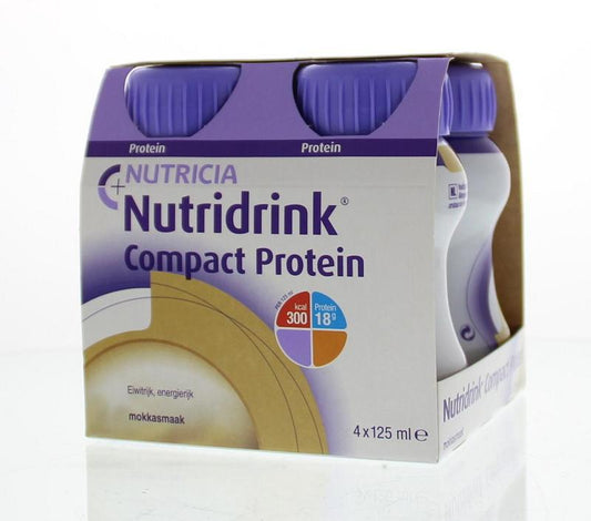 Nutridrink Compact Mokka protein medical diet drink 125ml, pack of 4, in a bottle with mocha flavor.