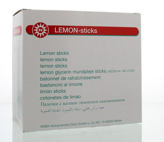 Applimed Lemon glycerine swabs for body care, 25 pack, showing the box and swabs in a natural setting.