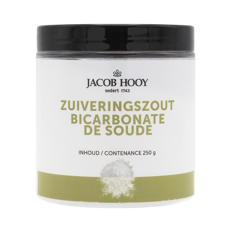 Jacob Hooy natrium bicarbonaat (baking soda) in a 250g package, used for cooking and household cleaning, shown in the image.