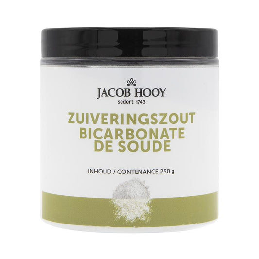 Jacob Hooy natrium bicarbonaat (baking soda) in a 250g package, used for cooking and household cleaning, shown in the image.