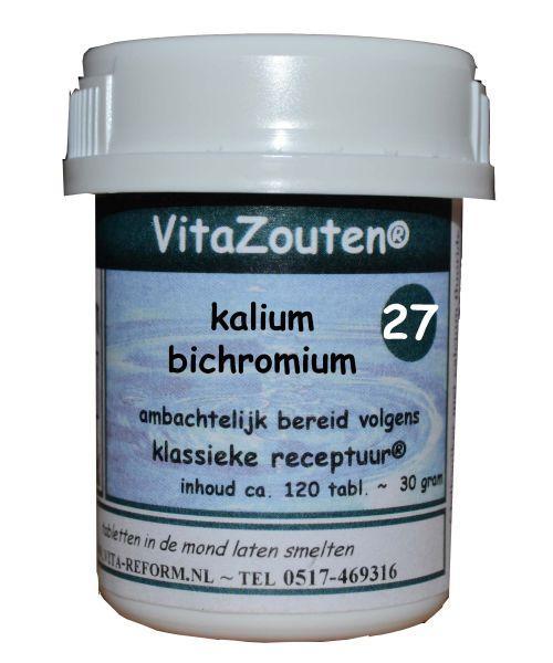 Bottle of Vitazouten Kalium Bichromicum mineral supplement tablets by Vitazouten, showing 120 tablets in a blister pack.