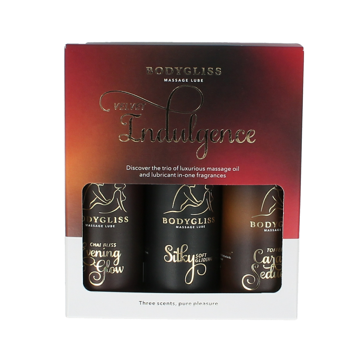 Bodygliss Velvet indulging travel edition three-pack of lubricants, 150ml bottles, with smooth, velvety texture and discreet packaging.