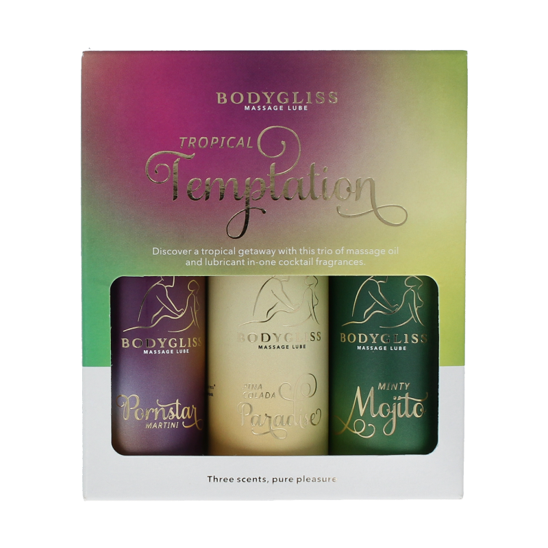Bodygliss Tropical Temptation travel edition three-pack of 150ml lubricants, featuring tropical-inspired packaging and branding.