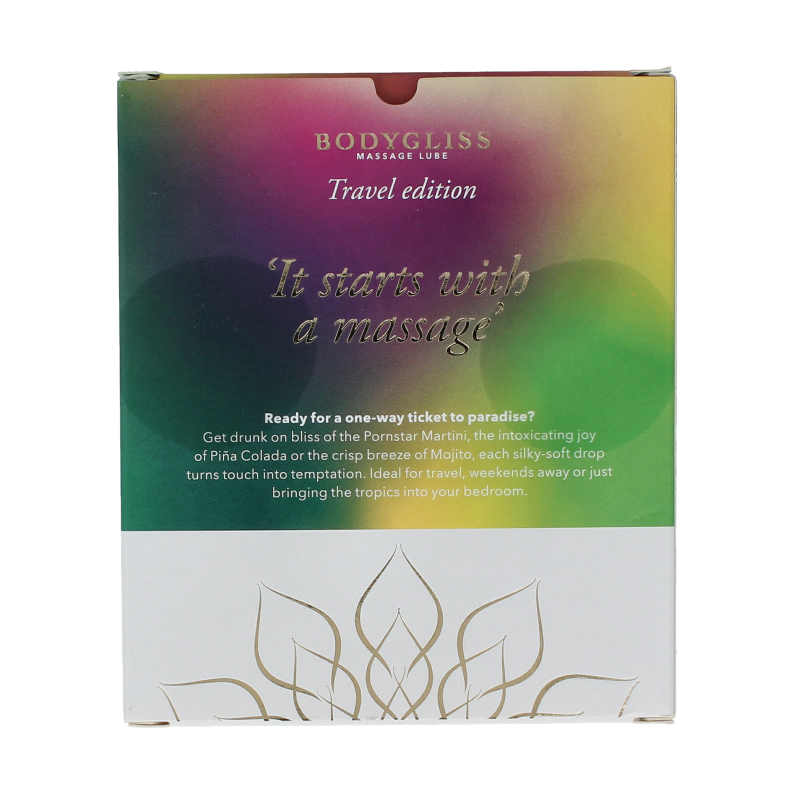 Bodygliss Tropical Temptation travel edition three-pack of 150ml lubricants, featuring tropical scent bottles on a white background.