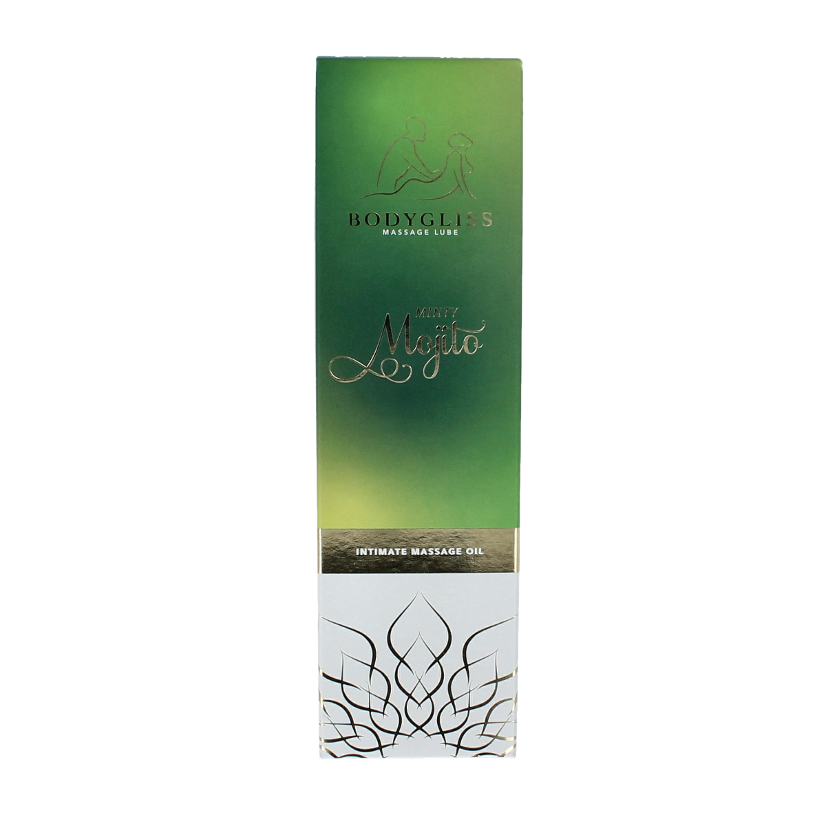 Bodygliss Minty Mojito massage oil and lubricant in 150ml bottle, with minty scent and smooth texture for massage and intimate use.