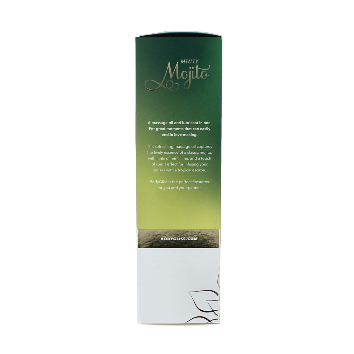 Bodygliss Minty Mojito massage oil and lubricant in 150ml bottle, refreshing minty scent, smooth and moisturizing for massage or intimate use.
