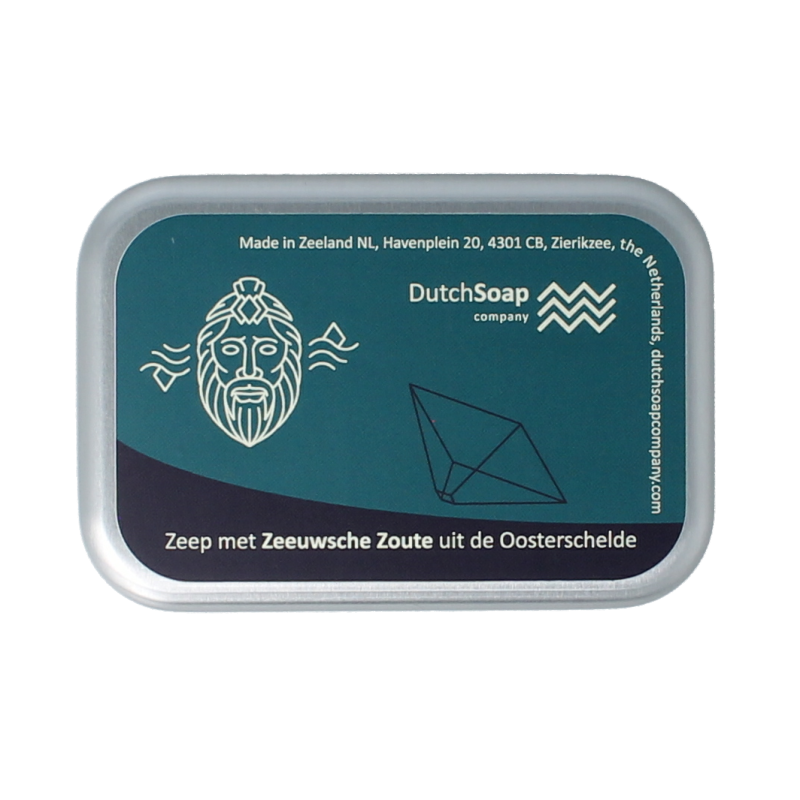 Zeeuwsche Zoute Zeep in aluminium travel case, soap bar with traditional Dutch sea salt, compact and portable for travel.