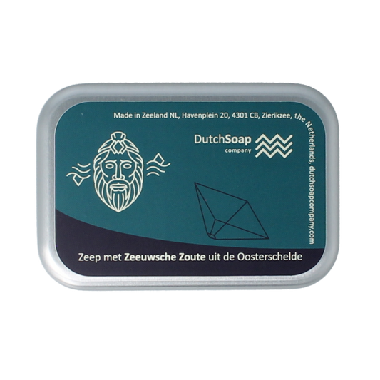 Zeeuwsche Zoute Zeep in aluminium travel case, soap bar with traditional Dutch sea salt, compact and portable for travel.
