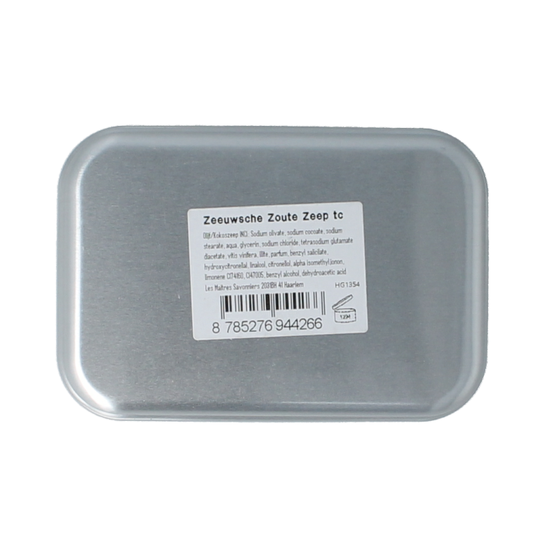 Zeeuwsche Zoute Zeep in aluminium travel case, natural soap bar with Zeeland salt, compact and portable for travel use.