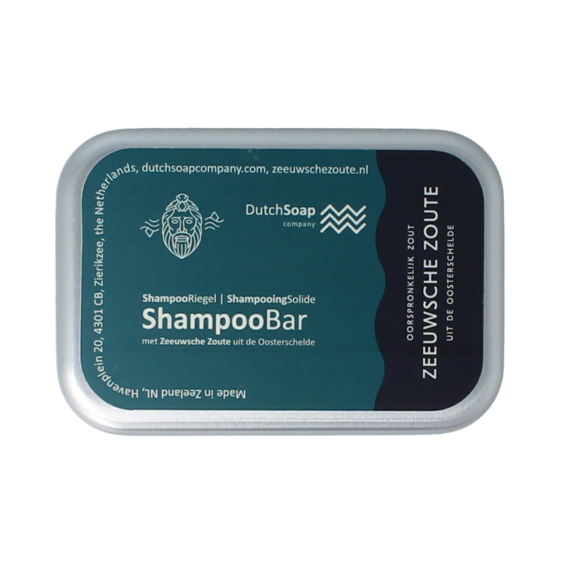 Zeeuwsche Zoute shampoo bar in aluminium travel case, natural zeep for hair cleansing, compact and travel-friendly.