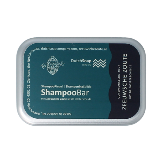 Zeeuwsche Zoute shampoo bar in aluminium travel case, natural zeep for hair cleansing, compact and travel-friendly.