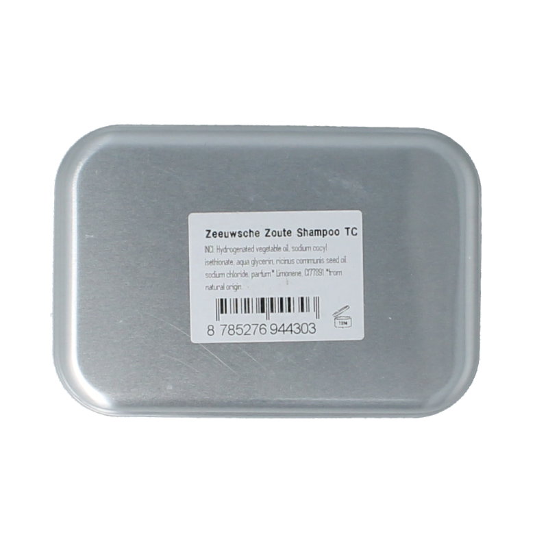 Zeeuwsche Zoute Shampoo bar in aluminium travel case, natural soap for hair care, compact and eco-friendly.