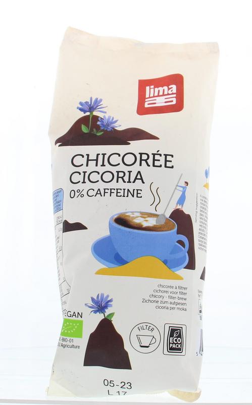 Lima bio Cichorei coffee and tea blend in 250g package, with coffee beans and tea leaves visible in the image.