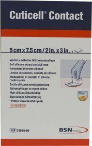 Cuticell Contact adhesive dressings in 5cm x 7.5cm size, pack of 5, designed for wound care and protection.