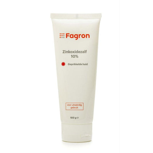 Fagron Zinkoxidezalf 10% body care ointment in a 100g container, used for skin treatment and soothing skin conditions.