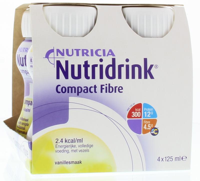 Nutridrink Compact fibre vanilla medical diet beverage in 125ml bottles, pack of four, with vanilla flavor and fiber content.